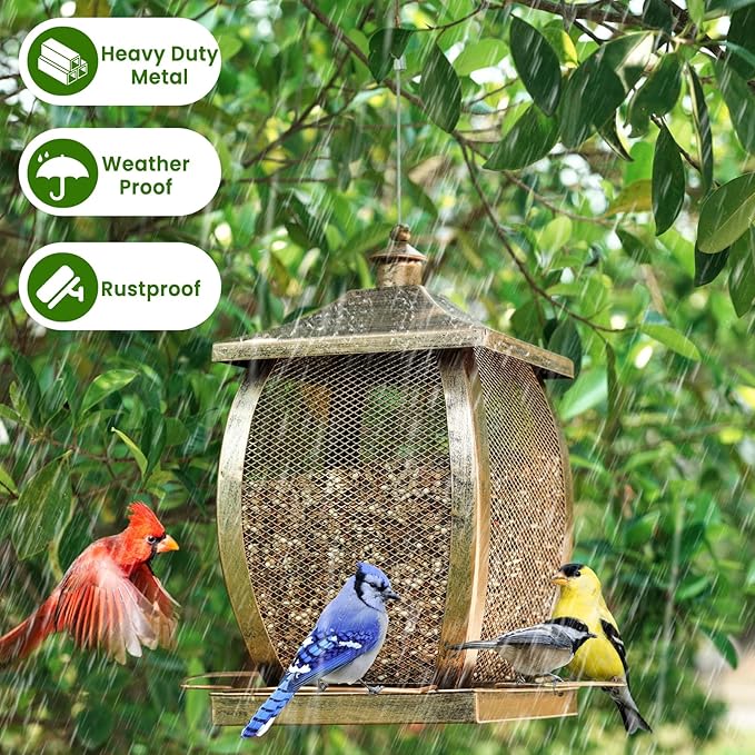 Bird Feeder, Heavy Duty Metal Wild Bird Feeders for Outdoors Hanging, 9 Lbs Extra Large Bird Feeder for Garden Yard Outside Backyard, Retro Lantern Shape