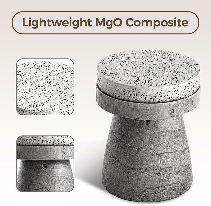 COSIEST Outdoor Side Table w Spotted Tabletop, Concrete Side Table, Round Patio Side Table Stool, Lightweight Outdoor Accent Table w Colored Faux Wood, Cylinder Plant Stand for Garden and Deck, Grey