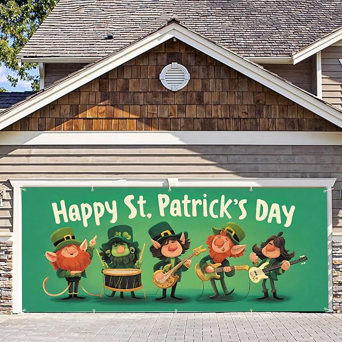 7 * 16FT Summer Garage Door Cover Decorations Sunset Palm Trees Garage Door Banner for Outdoor Indoor Summer Party Photography Backdrop (Happy St. Patrick's Day, 7 * 16 ft)