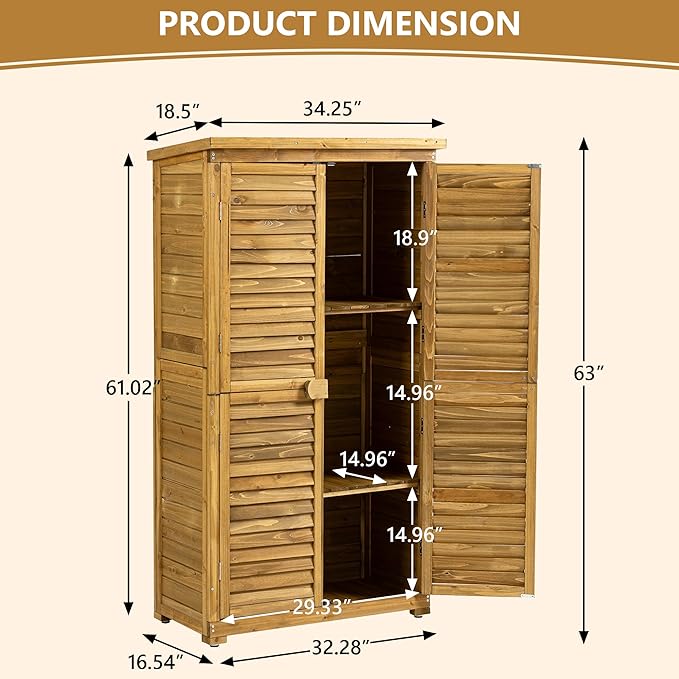YOPTO Outdoor Wood Storage Cabinet,Garden Shed Tool with Lockable Door and Waterproof Roof,Backyard Building w/ 2 Removable Shelves & Adjustable Feet,for Lawn Patio,34.25" L x 18.5" W x 63" H,Natural