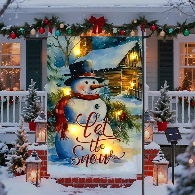 Christmas Garden Flag with Lights for Outdoor, 12x18 Snowman Double Sided Outdoor Flag, Led Solar Lighted Holiday Decoration, Winter House Yard Flags for Outside Lawn Porch Farmhouse Decor