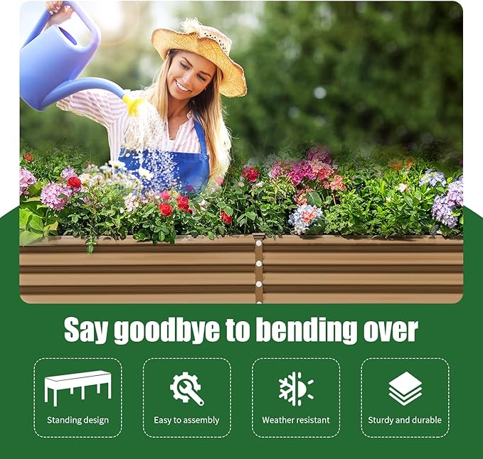 Land Guard Galvanized Raised Garden Bed with Legs, 96×24×32in Raised Garden Beds Outdoor with Drainage Holes, Planter Boxes Outdoor for Backyard, Patio, Balcony, 1200lb Capacity, Brown