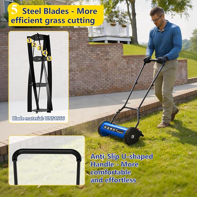 14-Inch Reel Lawn Mower with Tool-Free Blade Adjustment, 5-Blade Manual Push Lawn Mower, 5-Position Height Adjustable Hand Push Reel Mower for Small Yards