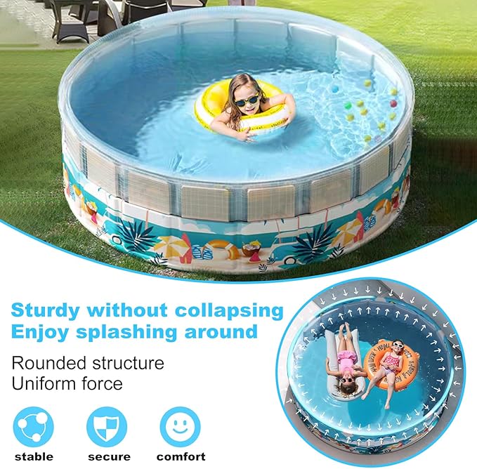 Foldable Swimming Pool for Kids 62.9"x17.7" Hard Plastic Portable Dog Pool Anti-Slip Collapsible Pets Bathtub Kiddie Pool Indoor Outdoor Backyard (Beach Party 63'')