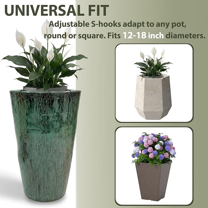 Adjustable Plant Risers for Large Tall Pots, 12-18" Planter Insert, False Bottom Pot Filler with 4 Hooks & Chains, Holds 48 lbs Rustproof Soil Saver for Indoor Outdoor Planters (1Pack, Black)