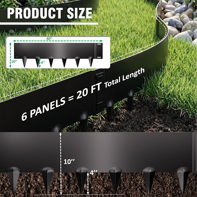 10 Inch Metal Landscape Edging 20FT (6 Panels) – Tall Galvanized Steel Garden Border with Built-in Spikes, Heavy Duty No Dig Flexible Lawn Edging for Yard, Flower Beds, Pathways & Landscaping