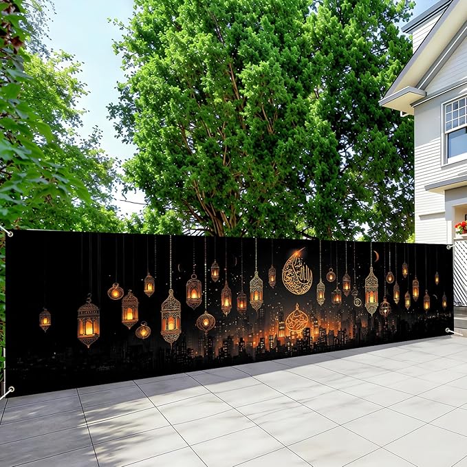 Ramadan Mubarak Fence Banner 118 x 35 Inch, Large Waterproof Outdoor Islamic Banner with Hanging Lanterns, Crescent Moon & Arabic Calligraphy for Yard Porch Fence Eid Ramadan Decorations