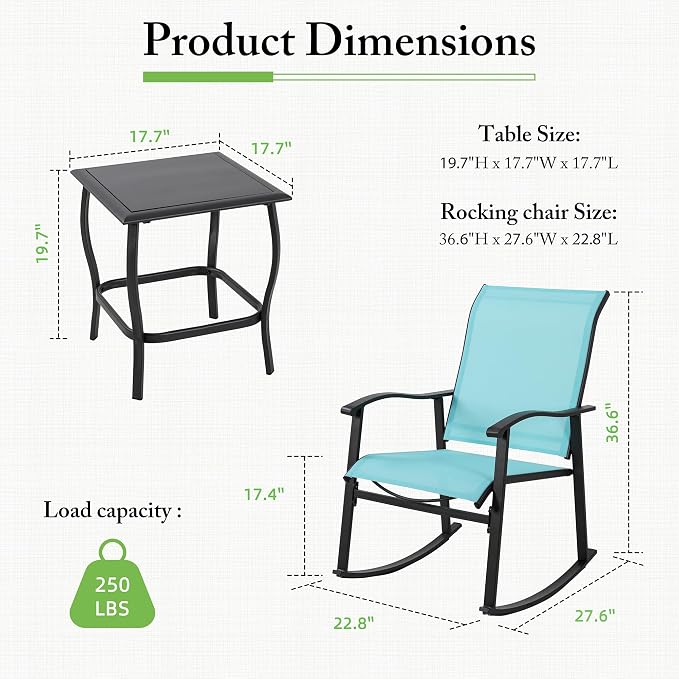 Shintenchi 3 Piece Rocking Bistro Set, Outdoor Furniture with Rocker Chairs and Glass Coffee Table Set of 3, Balcony, Porch Furniture for Small Space, Blue