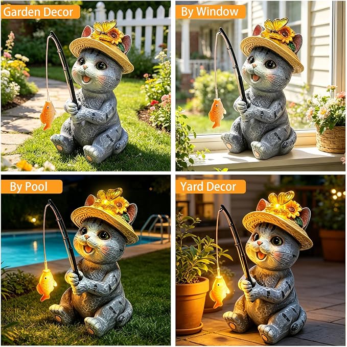 VOOKRY Solar Garden Cat Statues, Outdoor Fishing Cat with Solar Lights Waterproof, Birthday Gifts for Cat Lovers Mom Women Christmas, Garden Figurines for Yard Decor Patio Porch Lawn Ornaments