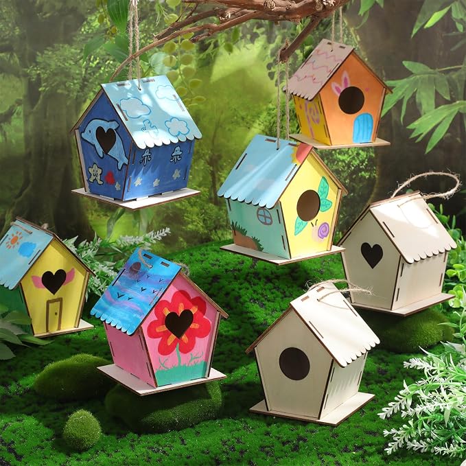 DoubleFill 24 Pack 4.33'' Wooden Bird House Craft Kit for Kids Spring DIY Birdhouse to Build and Paint Unfinished Hanging Birdhouse Bulk Spring Summer Bird Feeder for Class Creative VBS Crafts