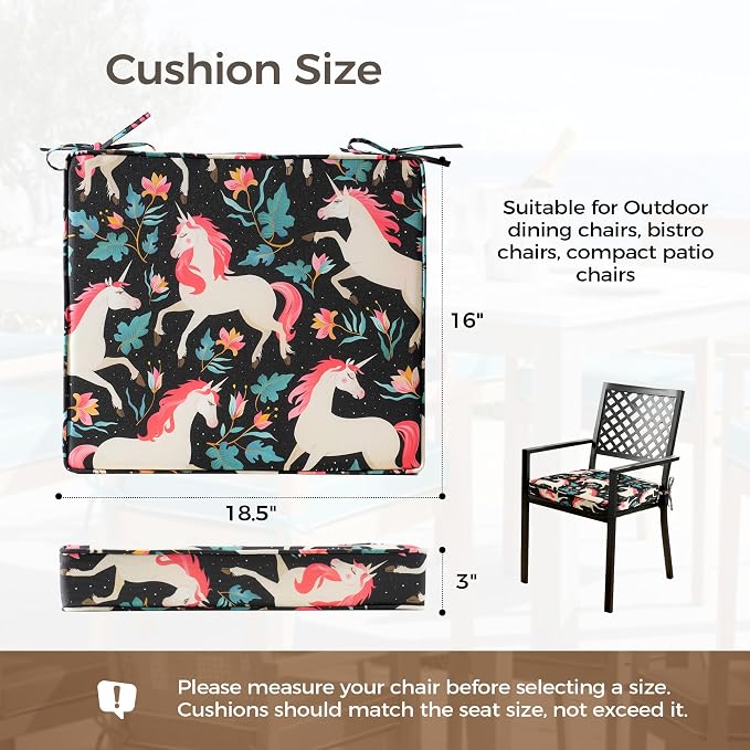 UNIKOME Outdoor Chair Cushions Set of 4, Water Resistant Patio Seat Cushions with Ties for Outdoor Furniture, High-Density Foam, UV & Fade Resistant, Piped Edge – 18.5" x 16" x 3", Unicorn