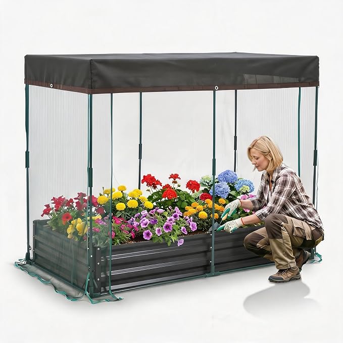 6x3x1Ft Galvanized Raised Garden Bed Kit w/Self Watering Irrigation & Mesh Cover, Metal Bottomless Raised Planter Box for Veggies Herbs Flowers, Rustproof Elevated Garden Bed Backyard Patio Farm