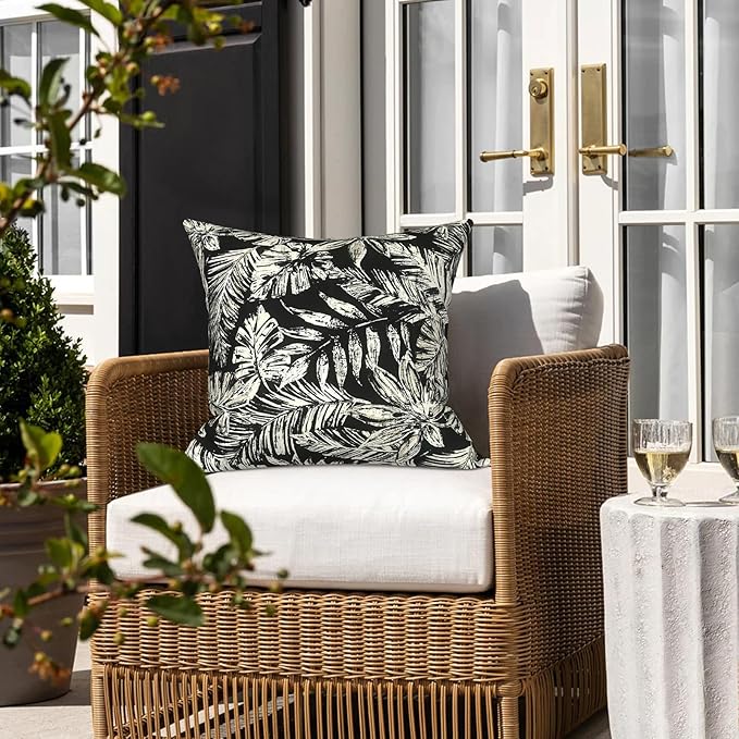 LVTXIII 2 Pack Outdoor Pillow Covers ONLY 18x18 Inch, Water-Repellent Square Decorative Cushion Covers for Patio Furniture, Garden, Sofa, Tropical Leaf Black