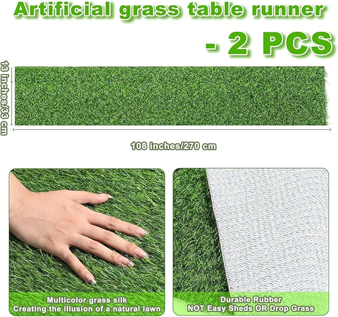 Artificial Grass Table Runner, 13 x 108 in Turf Table Runner - Realistic Faux Grass Runner for Golf Party, Wedding, Baby Shower, Indoor Outdoor Decor (2 Pack)