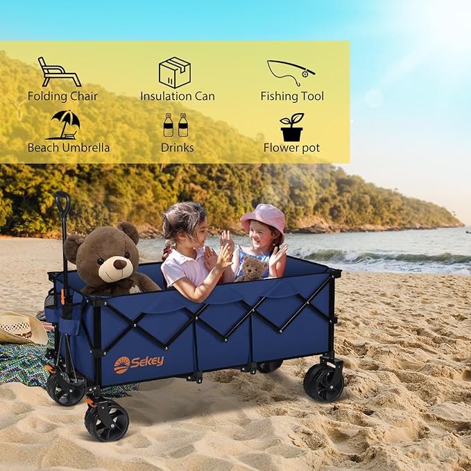 Sekey Extended Collapsible Foldable Wagon with 660lbs Weight Capacity, Heavy Duty Folding Utility Garden Cart with Big All-Terrain Beach Wheels & Drink Holders. Navy Blue