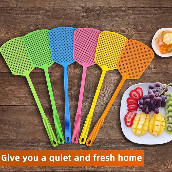 Kensizer 6-Pack Plastic Fly Swatters Heavy Duty, Multi Pack Matamoscas, Jumbo Long Handle Fly Swat Shatter Bulk, Large Bug Swatter that Work for Indoor and Outdoor
