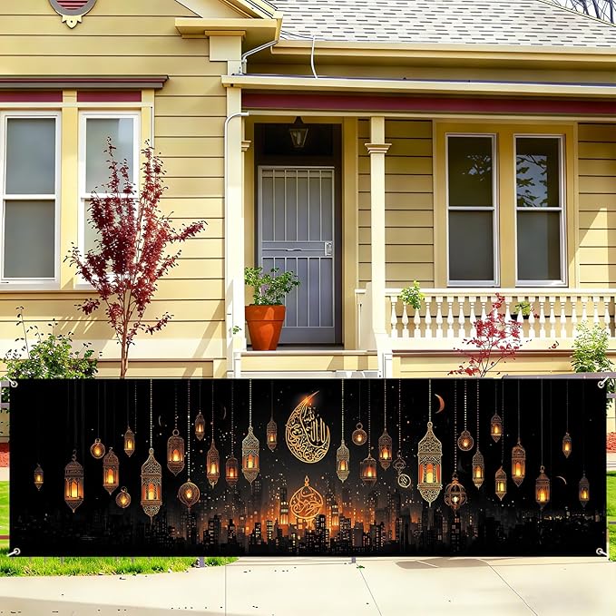 Ramadan Mubarak Fence Banner 118 x 35 Inch, Large Waterproof Outdoor Islamic Banner with Hanging Lanterns, Crescent Moon & Arabic Calligraphy for Yard Porch Fence Eid Ramadan Decorations