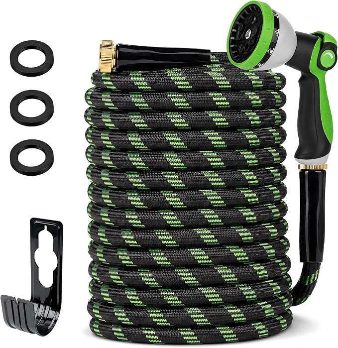 Garden Hose 100 FT, Non-Expanding Water Hose with 10 Pattern Spray Nozzle, Lightweight Flexible Kink-Resistant Garden Hose, Durable Outdoor Hose for Yard, Lawn, Patio, Garden, Car Washing, Black Green
