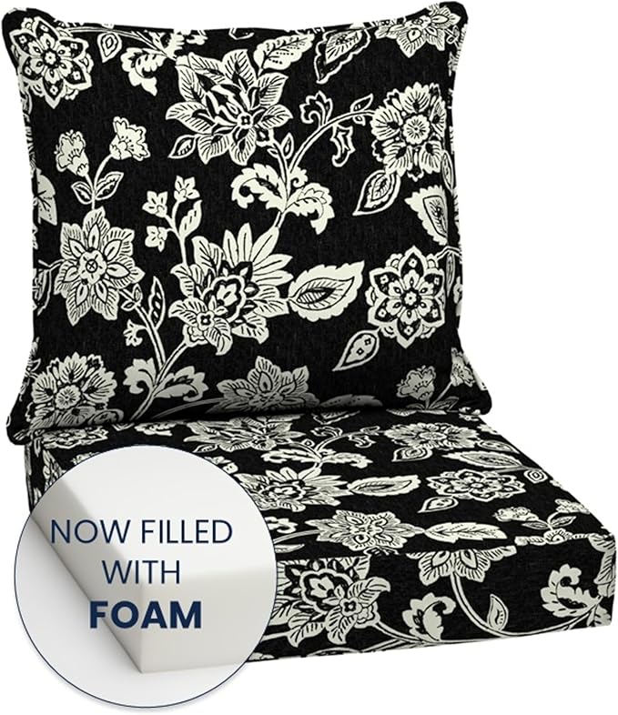 Arden Outdoor Foam Deep Seat Cushion Set (2-Pack), 24x24, Premium High-Density Foam, Never Flattens, Weather-Proof for Patio Chair Sofa Couch, Ashland Black Jacobean