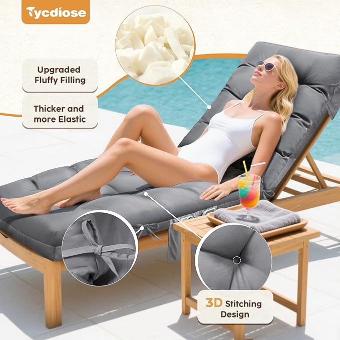 Outdoor Lounge Chair Cushion, Waterproof Chaise Lounge Cushions Replacement for Outdoor Furniture Thickened 71 x 22 x 4.7 Inches Non-Slip Patio Pool Lounge Chair Cushions with Ties (Grey)