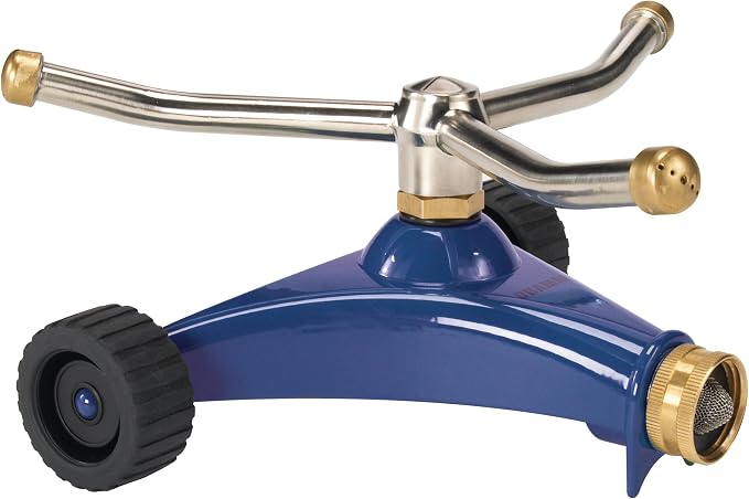 Dramm 15055 ColorStorm Premium 3-Arm Whirling Sprinkler with Heavy-Duty Metal Wheeled Base, Blue