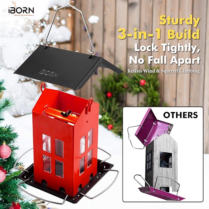 iBorn Bird Feeder House, Metal Bird Feeders for Outdoors Hanging,Double-Sided Metal Hanger & Weatherproof, Easy to Clean & Refill, 1.5 Lbs Capacity, Red