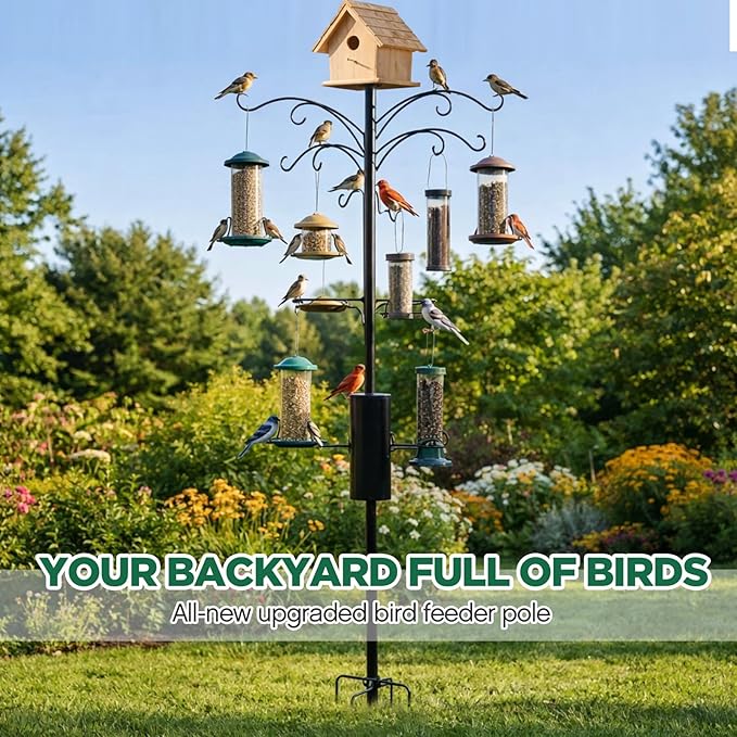 Yaocom 9.8ft Raccoon Proof Bird Feeder Pole with 18 Inch Arms Squirrel Baffle Heavy Duty Backyard Feeding System Supports up to 25 Lbs for Garden Bird Lovers, Compatible with Brome Feeders