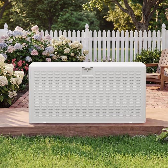 73 Gallon Waterproof Large Resin Deck Box Indoor Outdoor, Lockable Storage Container for Patio Furniture Cushions, Throw Pillows, Garden Tools, and Pool Floats, White 44.5"L * 21.1"W * 22"H