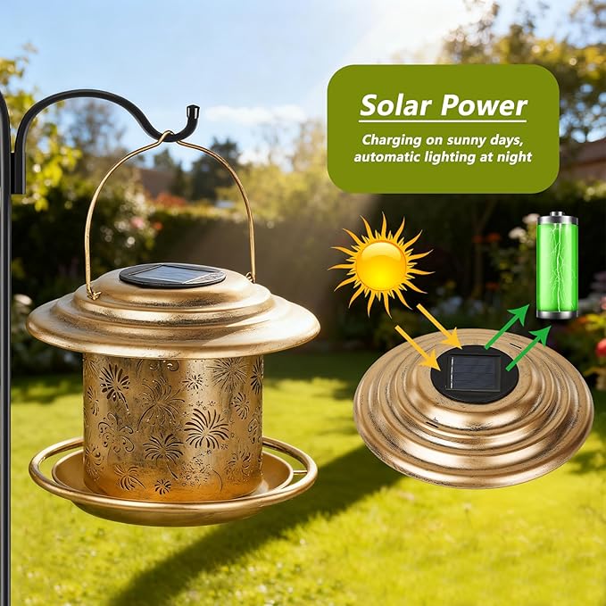 Solar Bird Feeders for Outdoors, Weatherproof Metal Bird Feeder, Outside Hanging Birdfeeder Lantern with Flowers Pattern for Courtyard Garden Decoration