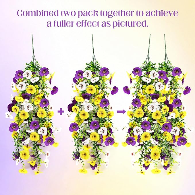 Giegxin 12 Pcs Artificial Hanging Pansy Flowers, 30 Inch Faux Pansies UV Resistant Plastic Hanging Plants for Outdoor Spring Summer Decor, for Porch Patio Garden Window Home (Yellow,White,Purple)