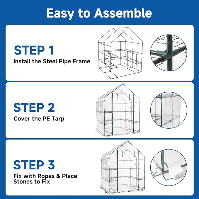 SUNGIFT Greenhouses for Outdoors, Upgraded PVC Cover Walk-in Greenhouse Kit 57x61x80 Inch, Zippered Windows Mesh Door, Plant Garden Hot House for Outside, Clear
