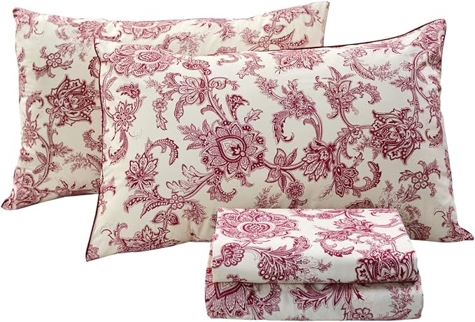 FADFAY Red Floral Bedding Elegant Bed Sheets Set Luxury Bedding Collections 800 Thread Count 100% Egyptian Cotton Deep Pocket Fitted Sheet,4 Piece-California King Size