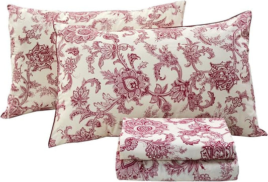 FADFAY Red Floral Bedding Elegant Bed Sheets Set Luxury Bedding Collections 800 Thread Count 100% Egyptian Cotton Deep Pocket Fitted Sheet,4 Piece-King Size
