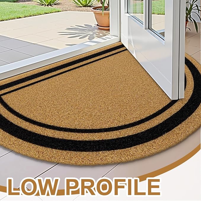 OLANLY Half Circle Front Door Mat, Low Profile Doormat, Stain and Fade Resistant, Easy to Clean, for Indoor and Outdoor Entrances, Patio Porch or Entryway, Brown (30x17 Inch, Classic Border)