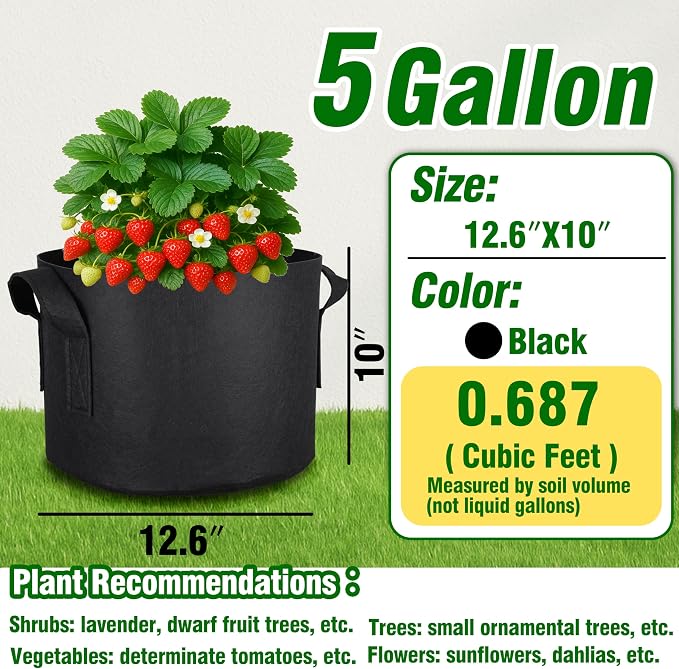 12-Pack 5 Gallon Grow Bags, Heavy Duty Fabric Pots with Handles, Reusable Plant Bags for Vegetable, Herbs & Flowers, BPA-Free, Breathable, Durable
