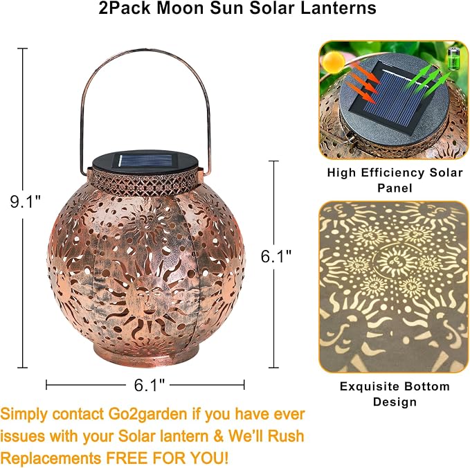 Go2garden 2Pack Solar Lanterns Outdoor Waterproof Mothers Day Gifts for Mom Moon Star Sun Solar Lights for Balcony, Yard,Birthday Gifts for Women Grandma Wife (Bronze)