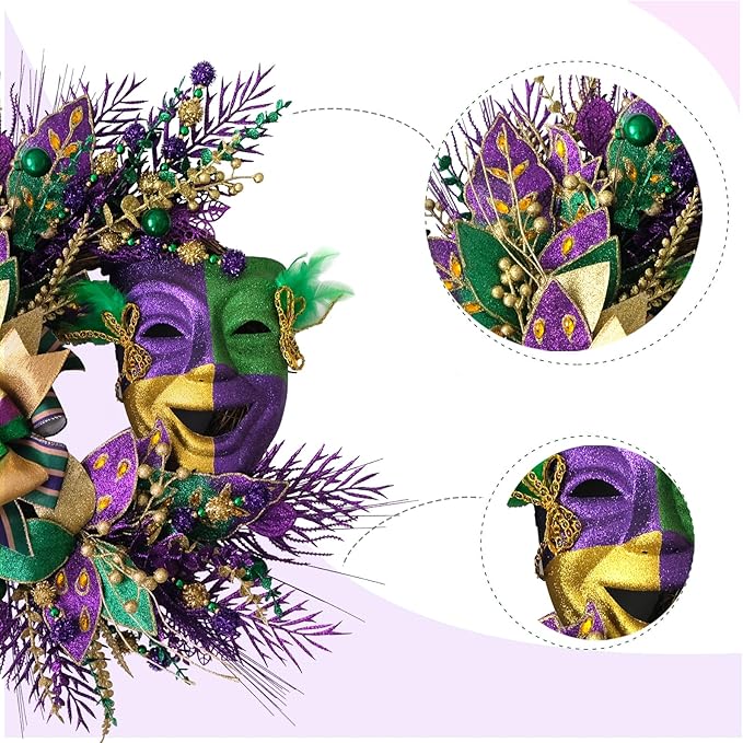 24 Inch Mardi Gras Glitter Wreath for Front Door, Carnival Glitter Purple Gold Green Color Wreath for Indoor Outdoor, Venetian Mask Wreaths for Home Party