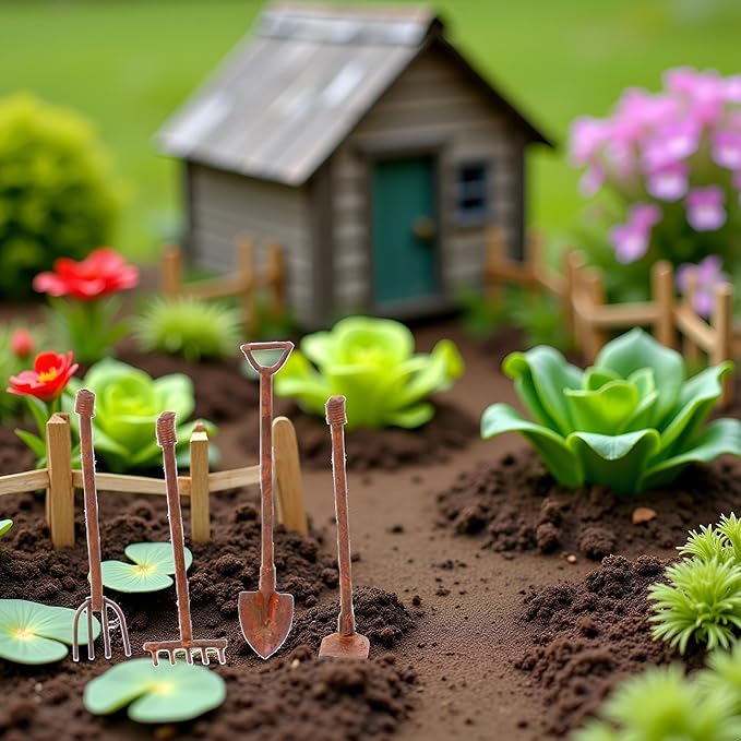 4 Pcs/Set Miniature Dollhouse Garden Tools 1:12 Mini Rusty Shovel Hoe and Pitchfork Fairy Garden Accessories Furniture Ornaments Micro Landscape Decor Garden Sculptures Statues(ZS358)