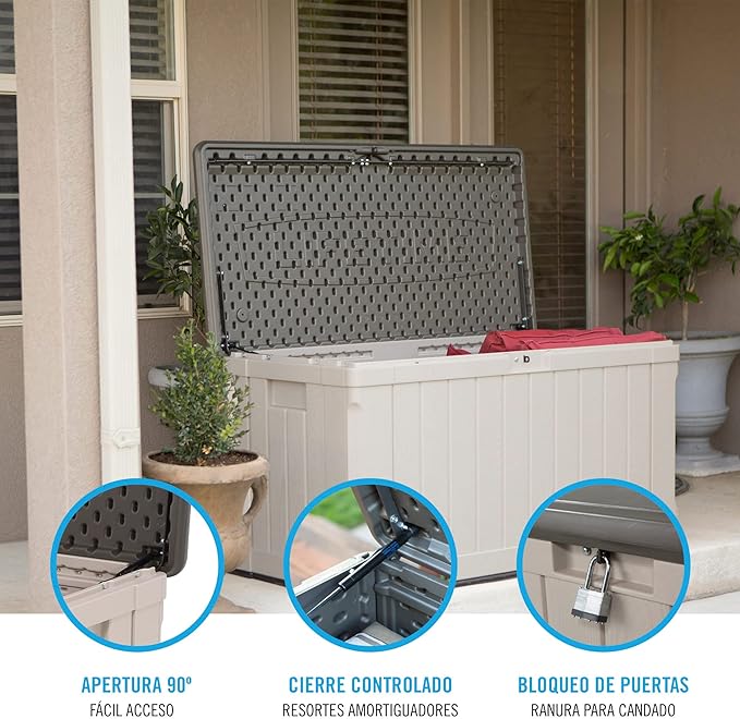 Lifetime 60186 Heavy-Duty Outdoor Storage Deck Box, 116 Gallon, Desert Sand/Brown & 60372U Outdoor Storage Cube Deck Box for Patio Furniture Cushions, Toys, Garden Tools, Pool Accessories, Gray