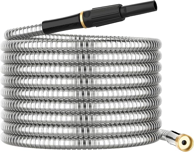 Non-Expandable Metal Garden Hose 25 Feet with Sprayer Nozzle, Flexible, No Kinking, Lightweight & Heavy Duty Water Pipe, Stainless Steel Outdoor Water Hose for Yard 25 ft, Male to Female Connector