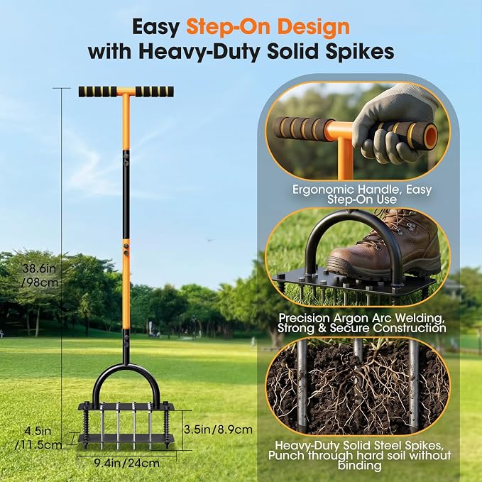 Lawn Aerator Tool, Manual Core Aerator for Lawn with 16 Spikes Spring Base, Automatic Soil Ejection, Pre-Assembled Yard Grass Aerator, Metal Grass Aerator for Yard