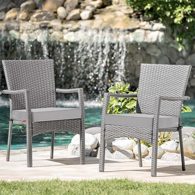Patio Chair Cushions 24x24 Inch, Water Repellent Outdoor Seat Cushions with Adjustable Straps, Fade Resistant Replacement Cushions for Garden Deck Sofa Couch, Set of 2, Grey