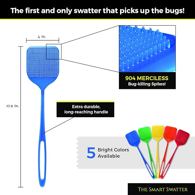 Fly Swatters | Picks UP The Bug w/ 904 Spikes | Now in an Assorted Color 2 Pack | Patented & Made in The USA | Insects, Bugs and Fly Killer