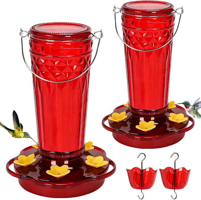 Zamelane Glass Hummingbird feeders for Outdoors 2pack-14Ounces，5 Feeding Ports Hummingbird Feeder,Wide Mouth for Easy Filling/Cleaning，Hanging for Garden Backyard Decor, Includes Ant Moat (Red，2Pack)