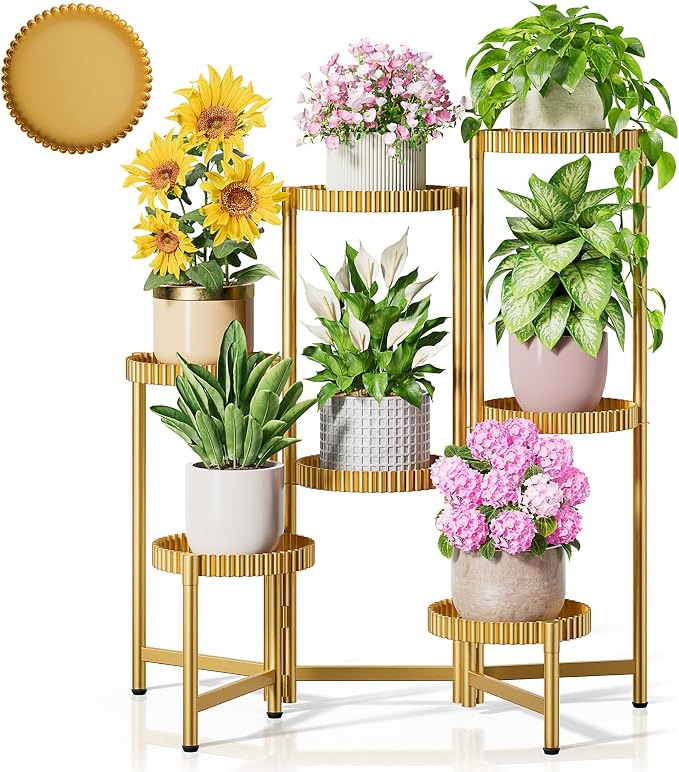 7 Tier Large Tiered Plant Stand Indoor, 7.9 Inch Wide Tall Corner Metal Plant Stands Outdoor for Multiple Plants, Flodable Tall Flower Display Holder Rack Shelf for Patio Balcony House -GoldFloroma