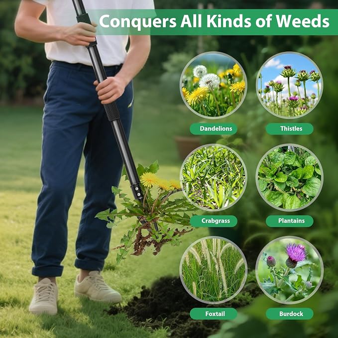 Stand Up Weed Puller Tool with Steel Long Handle - Made with All Steel Handle & 4-Claw Steel Head - Easily Remove Weeds Without Bending, Pulling, or Kneeling (46.6inch)