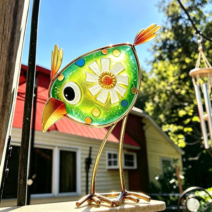 Garden Decor for Outside Set of 3, Colorful Metal & Glass Bird Decor for Outdoor, Indoor, Patio, Porch, Backyard, Balcony, Lawn, Yard Decorations, Patriotic Whimsy Birthday Gift for Gardener