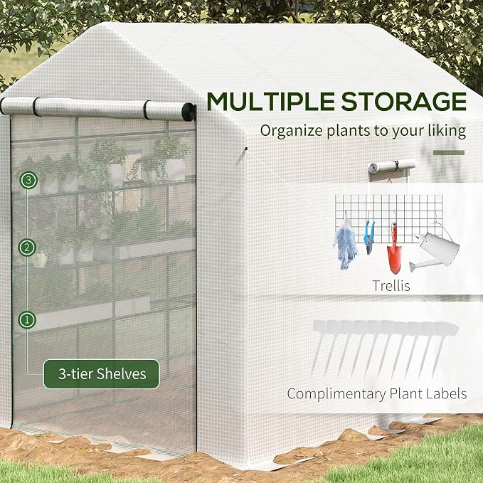 Outsunny 8' x 6' x 7' Walk-in Greenhouse, PE Cover, 4-Tier Shelves, Steel Frame Hot House, Roll-Up Zipper Door for Flowers, Vegetables, Saplings, Tropical Plants, White