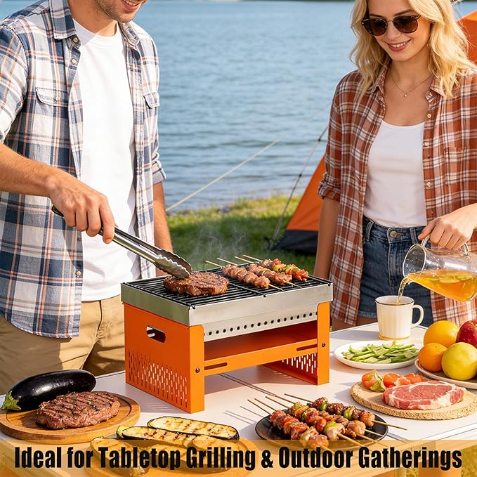 Portable Charcoal Grill, Small Tabletop BBQ, Foldable Mini Hibachi, Stainless Steel Camping Grill, Compact Outdoor Cooker for Picnic, Tailgating (Orange)
