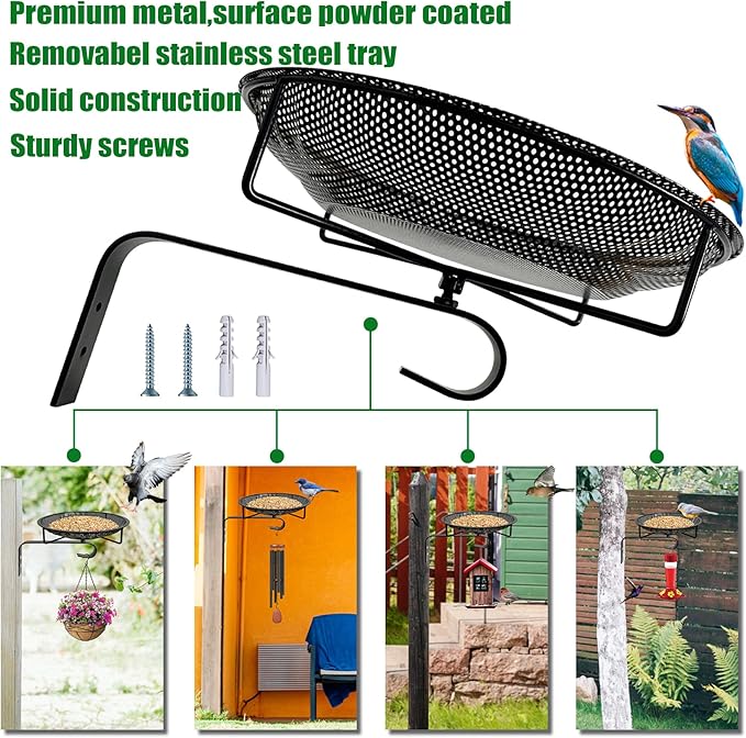CQAIRIOU Wall Mounted Bird Feeder Tray,11.8" Stainless Steel Large Fence Tree Mount Birds Feeder for Outside Wild Birds, Table Mountable Platform Bird Feeder Mesh Seed Tray with Hanging Hook
